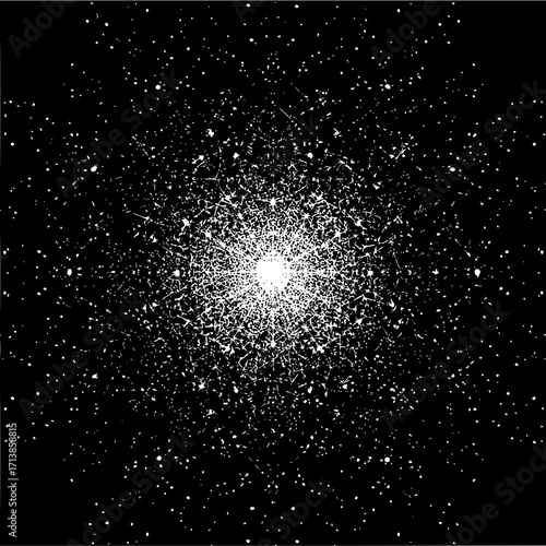 Abstract radial burst of white specks and lines emanating from a central point on a black background