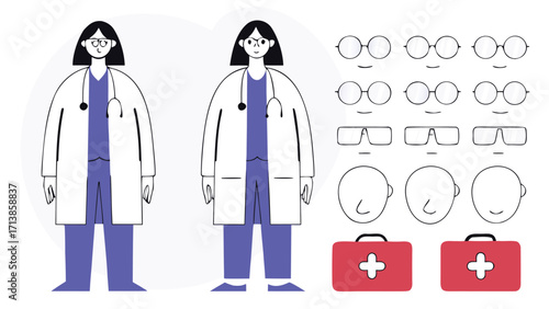 Two female doctors one in a lab coat and one in scrubs shown with various eyeglasses and medical kit options providing versatile medical illustration assets