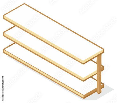Three Tier Wooden Shelf Unit for Storage or Display Isometric View Illustration