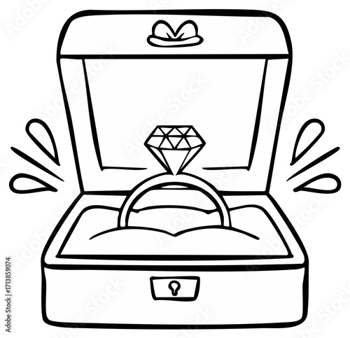 Hand-drawn outline of a shiny diamond engagement ring in an open jewelry presentation box