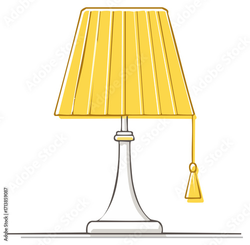 Elegant yellow table lamp with pleated lampshade and decorative tassel pull. Modern home interior design element illustration.