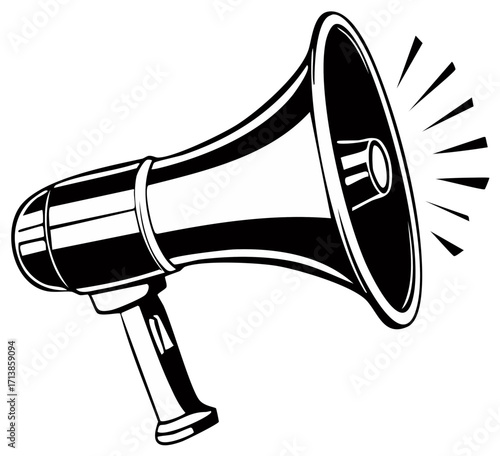 Retro megaphone illustration, black and white symbol for announcement and communication