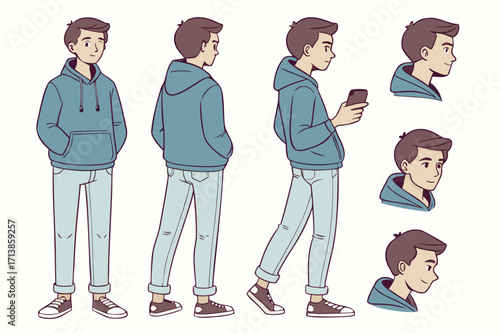 Young man in teal hoodie and light blue jeans standing in various poses showcasing casual style and modern youth culture