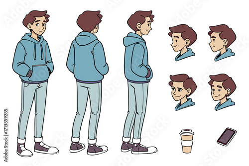 Young man standing in various poses showcasing casual style and modern youth culture perfect for animation or illustration projects