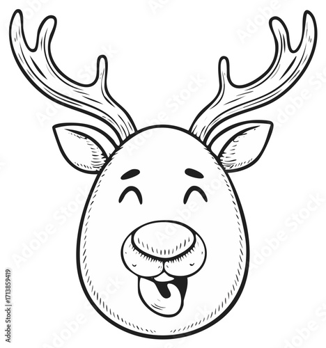 Happy cartoon reindeer head with a playful winking expression and tongue sticking out Funny character illustration for holidays