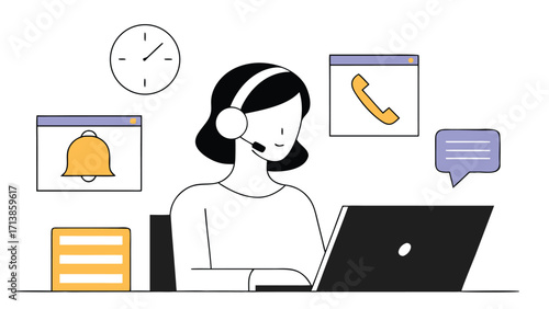Female customer service representative using laptop answering calls and messages providing online support showing efficiency and professionalism