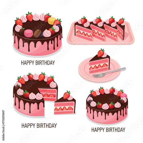 Delicious Strawberry Cake Birthday Party Dessert Vector Illustration