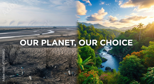 - Parched land and lush forest splitscreen environmental contrast