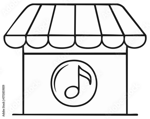 Music Store Outline: Black and White Shop Front with Awning and Musical Note Symbol