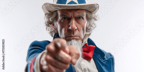 Close-up, portrait of the Uncle Sam dressed in the colors of the USA flag in action pose, pointing at the camera saying I Want You. Isolated on white background with copy space. Generative Ai.