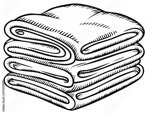 Stacked Folded Towels Hand Drawn Illustration in Black and White