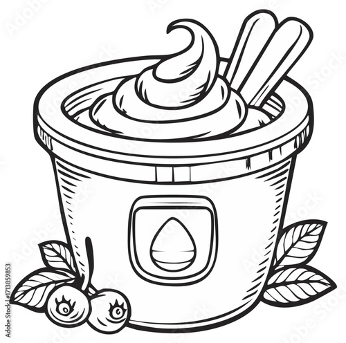 Black and white yogurt with blueberries and spoons