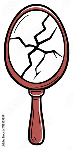 Cartoon illustration of a broken vintage hand mirror with a cracked glass surface and red frame.