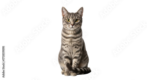 Tableau sur toile Isolated gray tabby cat sitting upright, looking alert, focused animal awareness