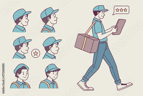 Happy delivery man carrying a package and using a tablet walking and smiling representing efficiency and customer satisfaction