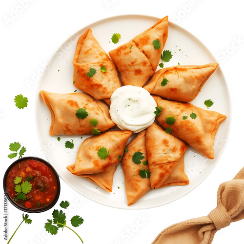 Plate of golden triangular stuffed pastries with white dip and salsa pastry