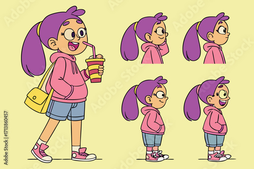 Happy teenage girl with purple hair enjoying a soda expressing youth fun and carefree summer vibes