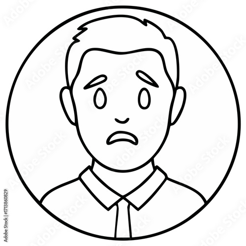 Sad person illustration, man with unhappy face, in a circular frame