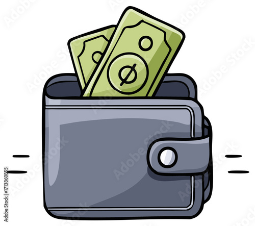 A full gray wallet with green cash bills overflowing representing wealth savings and personal finance