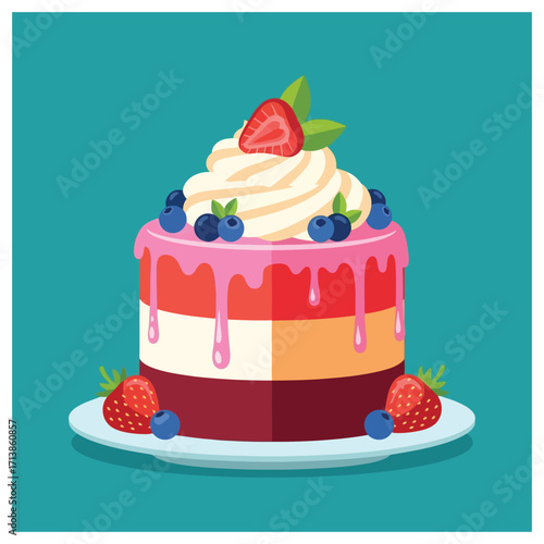 Delicious Strawberry and Blueberry Cake with Whipped Cream Flat Lay Food Photography