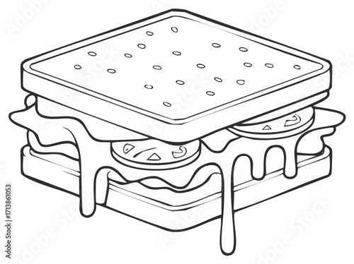 Black and white illustration of a sandwich with cheese and tomato filling with dripping cheese
