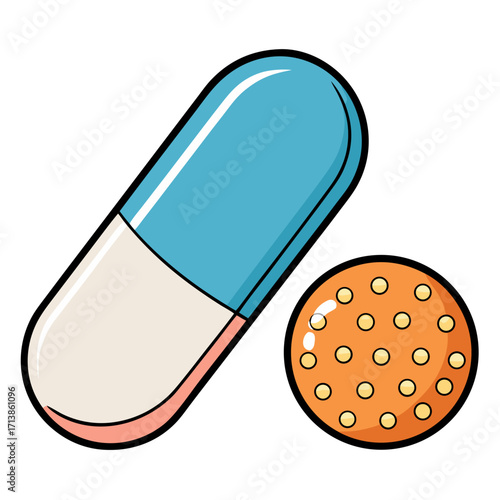 Pill Capsule with Round Tablet — Color Pharmacy & Medication Icon Vector for E-Health and Rx Labels on White