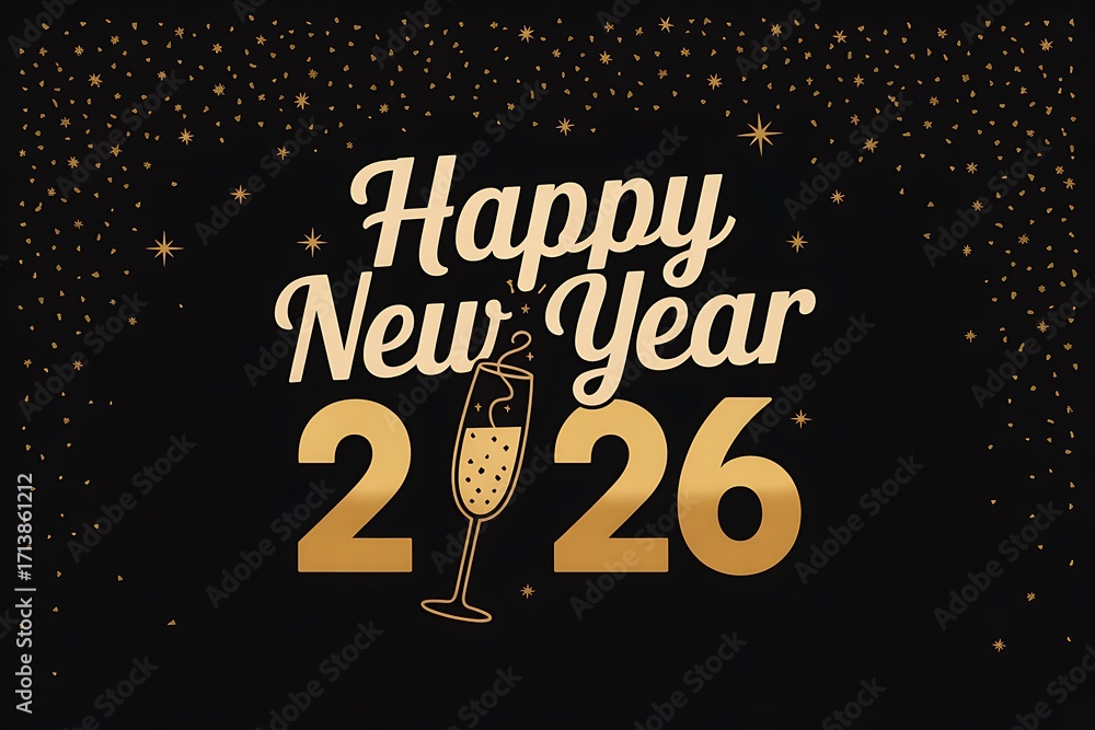 Fototapeta premium Celebrate a Sparkling 2026 New Year with Golden Champagne and Confetti, Perfect for Invitations and Festive Greetings, A Joyful Holiday Season Design