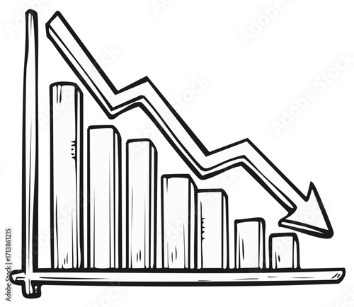 Hand drawn bar graph with downward pointing arrow showing declining trends and financial losses in business statistics