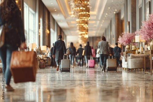 Busy hotel lobby filled with travelers and luggage during a bustling afternoon
