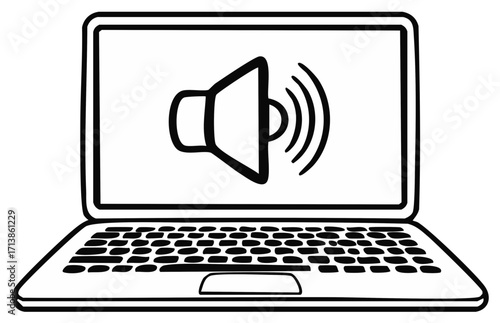 Laptop showing sound icon and waves symbolizing audio output or volume control