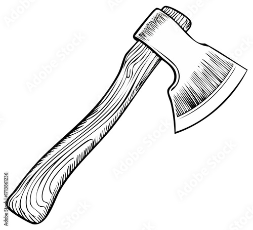 Vintage axe illustration with wooden handle. Hand-drawn lumberjack tool in engraving line art style.