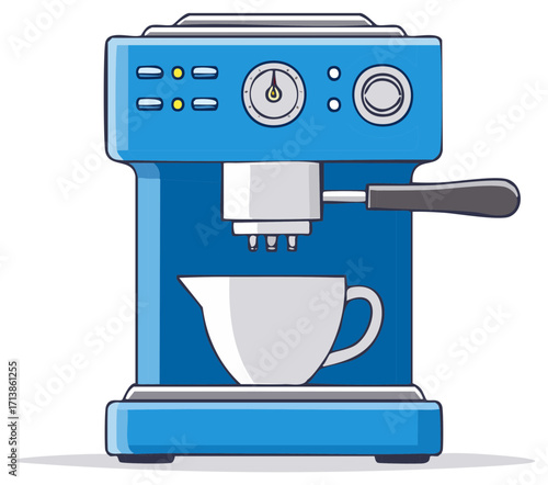 Cartoon Blue Espresso Machine Preparing Coffee with Cup Underneath in Clean Simple Style