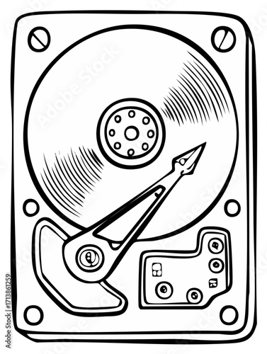 Vintage Hard Disk Drive Outline Drawing with Read Write Head
