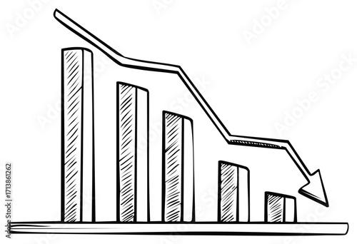 Hand drawn financial data bar graph showing declining trends