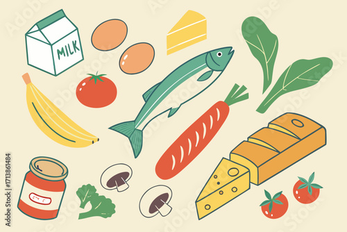 Assortment of healthy food illustrations including fruits vegetables dairy and protein sources perfect for dietary or nutritional content