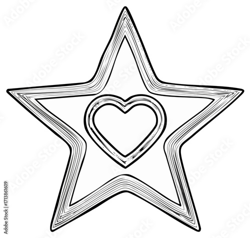 Stylized Star with Inner Heart Outline in Black and White Artistic Sketch