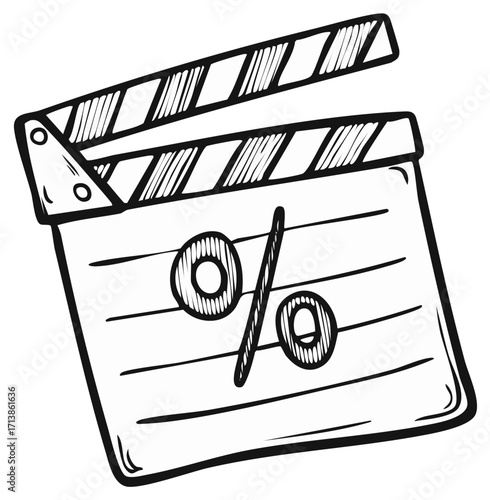 Sketch style film clapperboard with percentage symbol icon for cinematic promotions