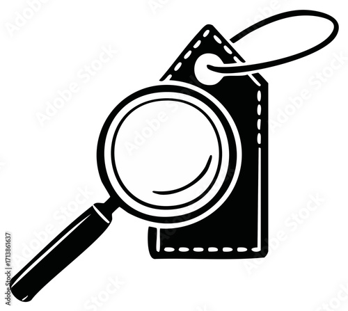 Magnifying glass examining a price tag with loop and stitching detail