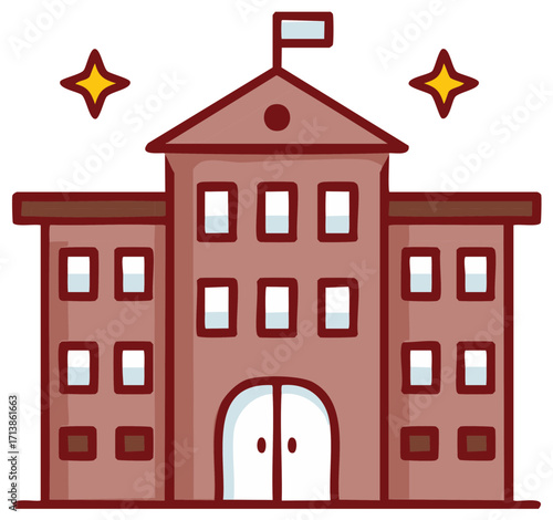Illustration of a stylized cartoon school building with flag and stars