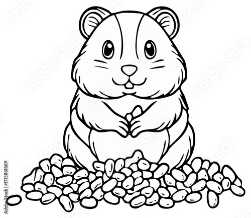 Cartoon Hamster with Pile of Seeds Outline Illustration Drawing