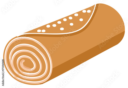 Sweet Brown Rolled Cake With White Icing Decoration And Cream Filling