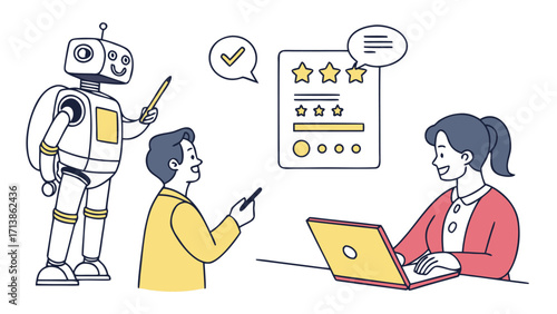 Friendly robot assisting a business team with a customer feedback review promoting collaboration efficiency and technological advancement