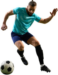Focused soccer player dribbling ball with determination and agility on transparent background. Concept of sport, skill, competition, fitness, teamwork and emotional athletic discipline.