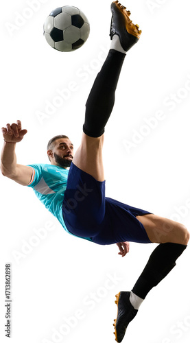 Canvas Print Soccer player performing dramatic bicycle kick with intense focus on transparent background