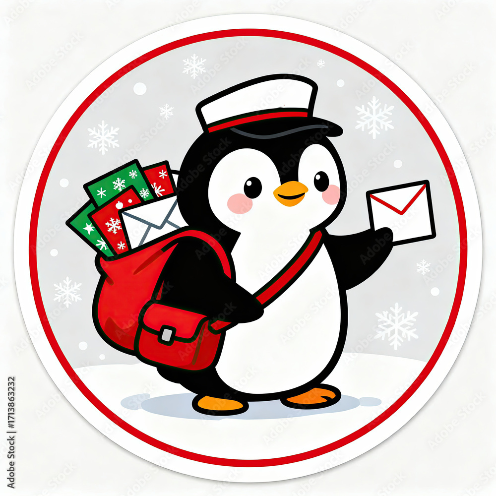 Obraz premium - Cheerful penguin delivering gifts and mail against snowy background