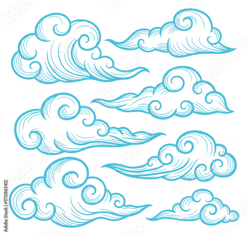 Whimsical cyan swirling clouds illustration for dreamy designs, ethereal sky elements