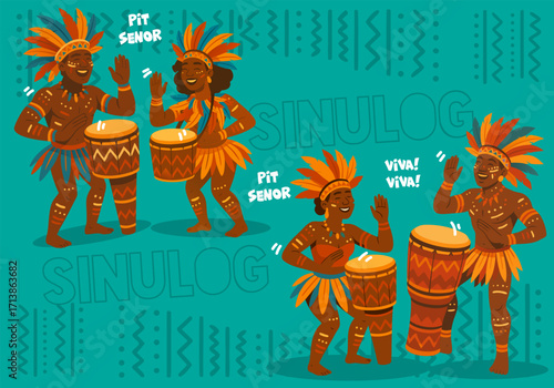 Sinulog Festival Illustration with Dancing Figures and Drums
