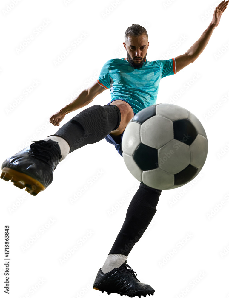 Naklejka premium Soccer player striking ball in mid air with strength and concentration on transparent background. Concept of discipline, motion, teamwork, determination, athletic power and emotional energy.