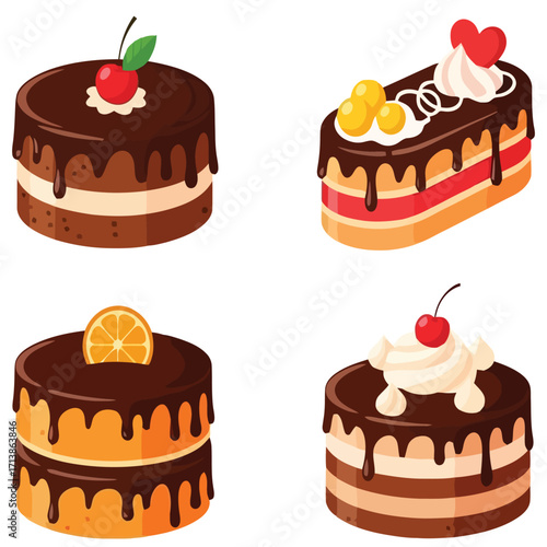 Delicious Cakes and Desserts Chocolate Cream and Fruit Illustrations