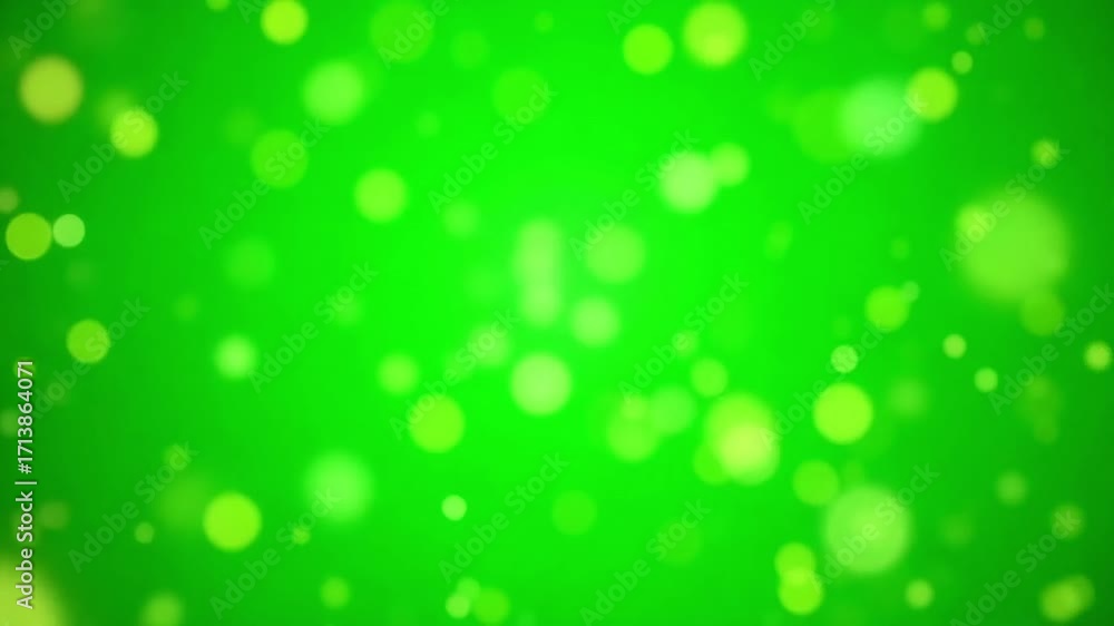 Vibrant green bokeh background with glowing light particles creating a magical, festive atmosphere.